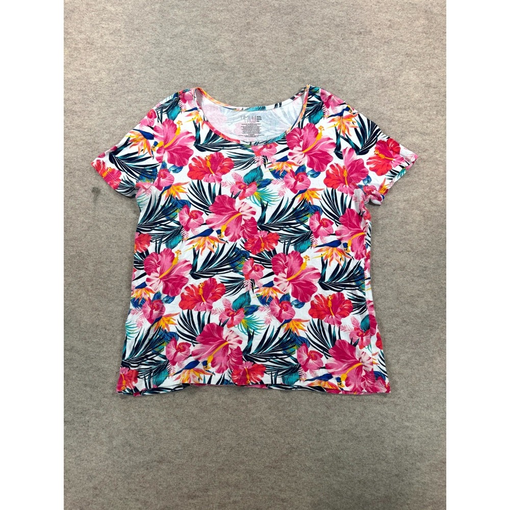 Time And Tru Blouse Top Womens XXL Multi Tropical Print Knit Cotton Short Sleeve